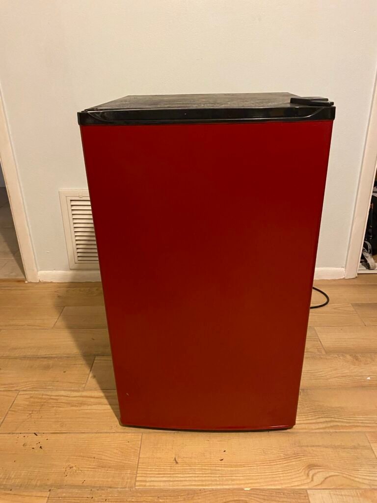 mini fridge after custom gloss vinyl wrap